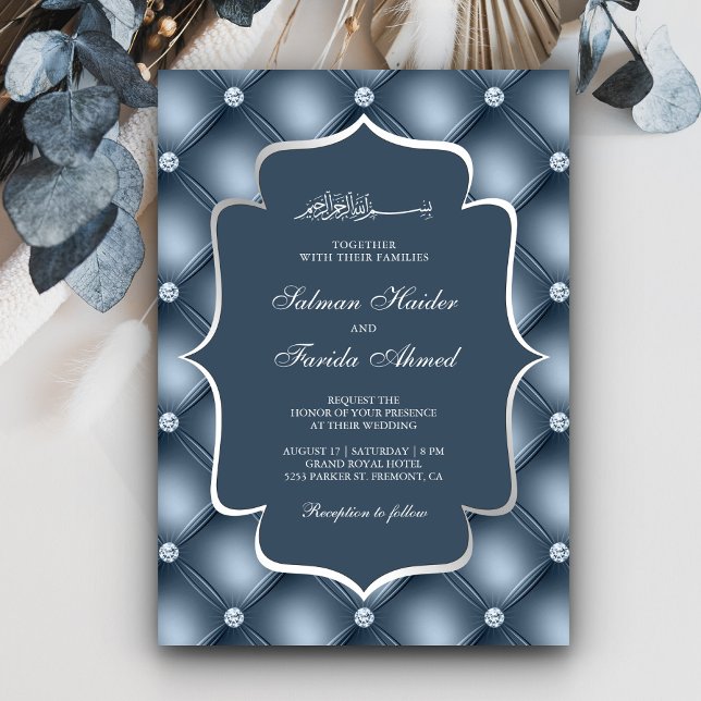 Tufted Diamonds Dusty Blue Muslim Wedding Einladung (Von Creator hochgeladen)