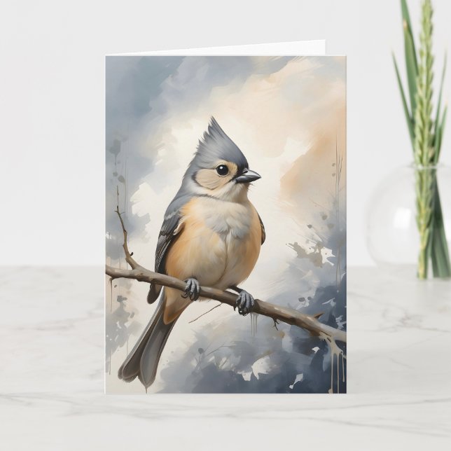 Tufted Titmaus-Ruhen auf der Rinne des Baumzweiges Karte (Vorderseite)