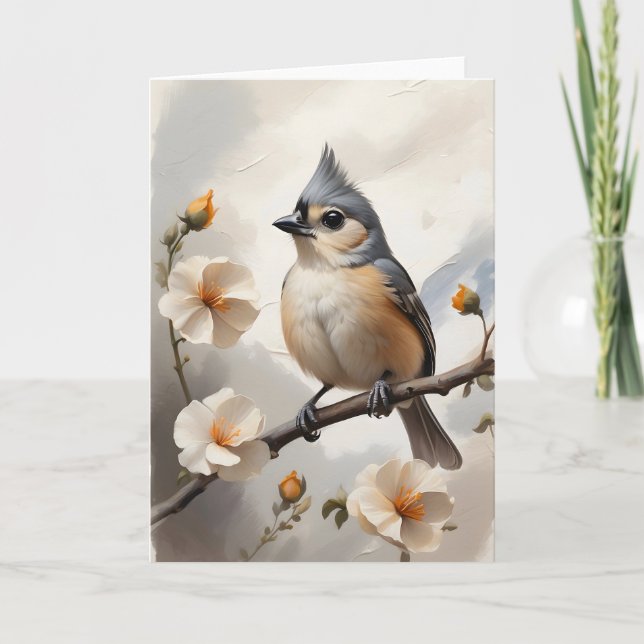 Tufted Titmouse Ruhen auf Baumgrenze Blume Leere Karte (Vorderseite)