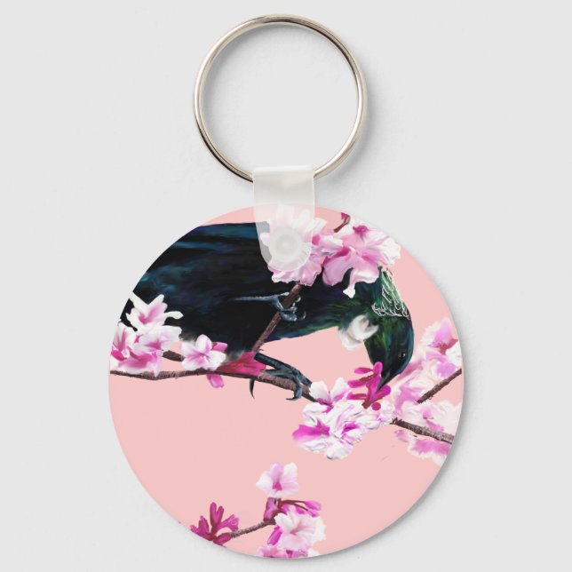 Tui Bird in den Kirschblüten Schlüsselanhänger (Vorderseite)