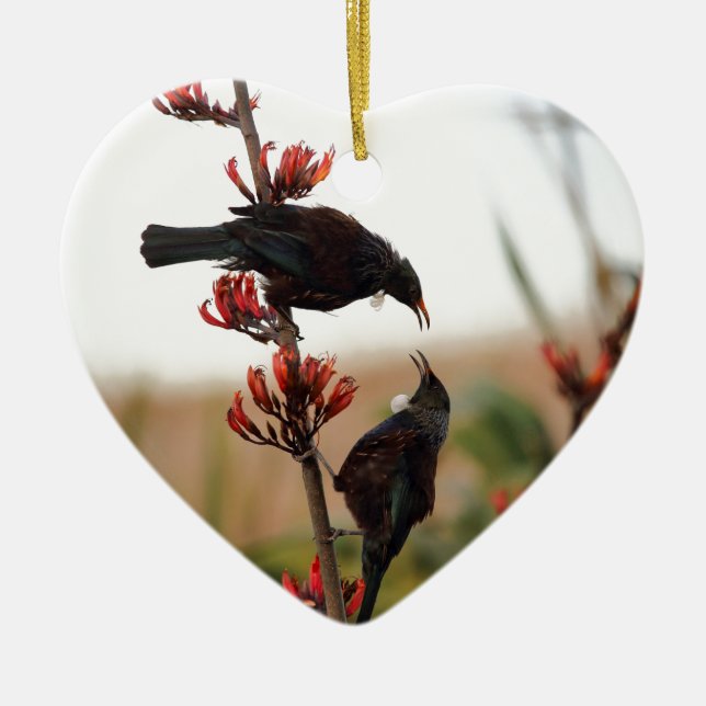 Tui-Vögel auf Neuseeländischem Leinenstrauch Keramikornament (Vorne)