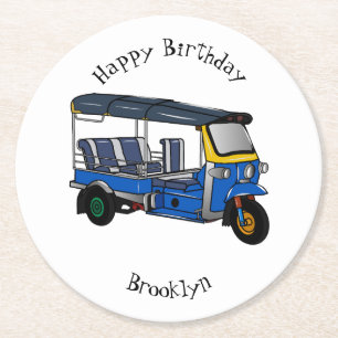 Tuk Tuk Cartoon Illustration Runder Pappuntersetzer