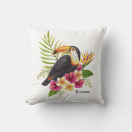 Tukan-Vogel zwischen tropischen Blumen, Ferienhaus Kissen