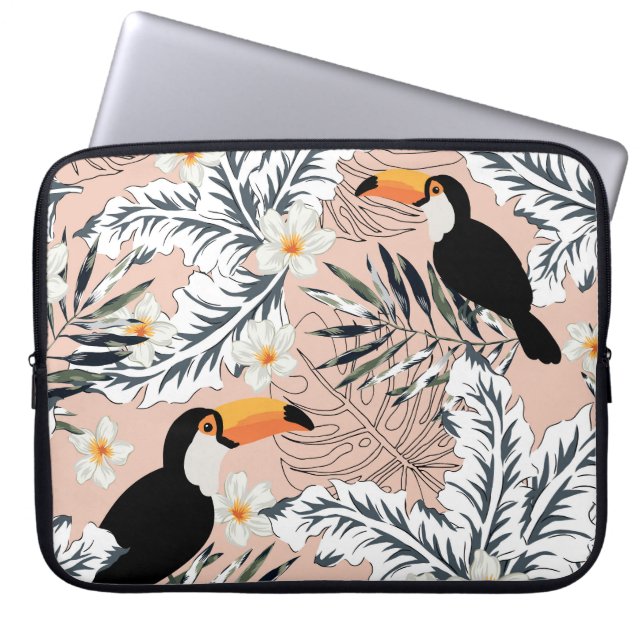 Tukane, Palmen, Plumeria: Rosa tropisch. Laptopschutzhülle (Vorderseite)