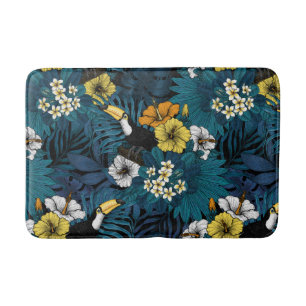 Tukane und tropische Flora, blau, gelb, orange Badematte