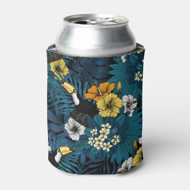 Tukane und tropische Flora, blau, gelb, orange Dosenkühler (Kanne Vorderseite)