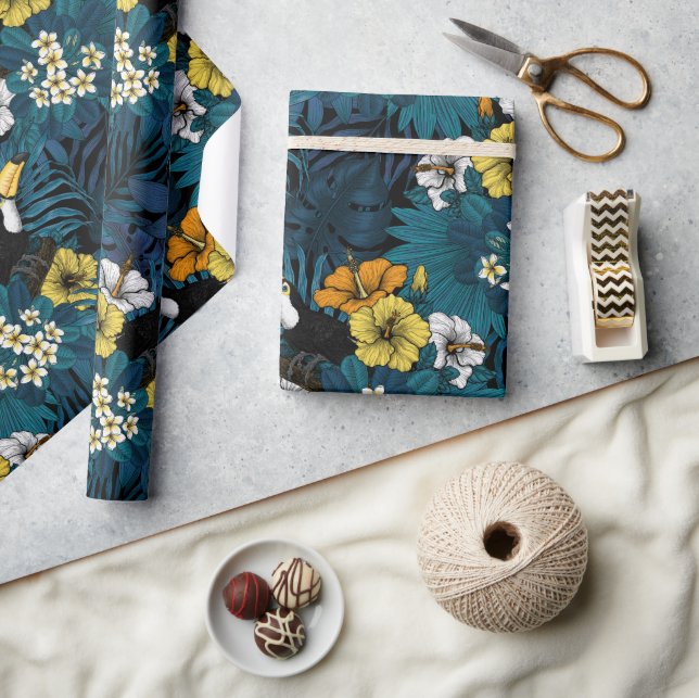 Tukane und tropische Flora, blau, gelb, orange Geschenkpapier (Basteln)