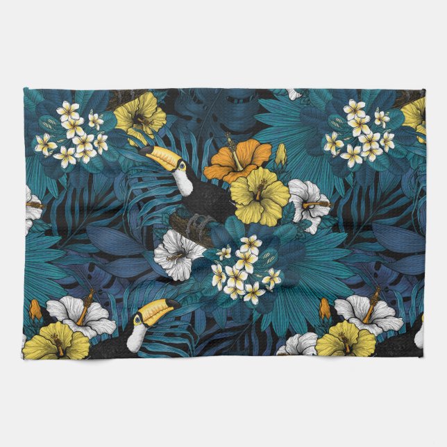 Tukane und tropische Flora, blau, gelb, orange Geschirrtuch (Horizontal)