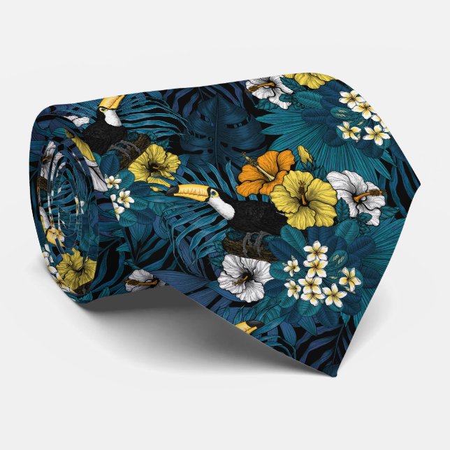Tukane und tropische Flora, blau, gelb, orange Krawatte (Gerollt)