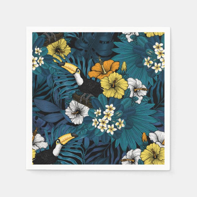 Tukane und tropische Flora, blau, gelb, orange Serviette (Vorderseite)