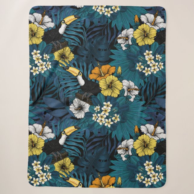 Tukane und tropische Flora, blau, gelb, orange Sherpadecke (Vorderseite)