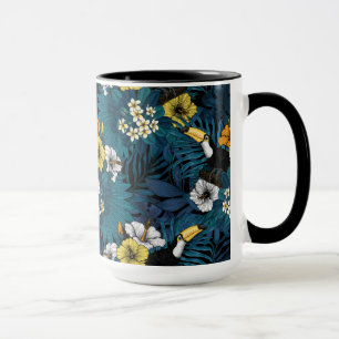Tukane und tropische Flora, blau, gelb, orange Tasse
