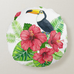 Tukanisches und tropisches Bouquet Rundes Kissen