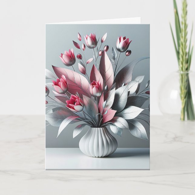 Tulip Birthday Bouquet mit silbernen Blätter Karte (Vorderseite)