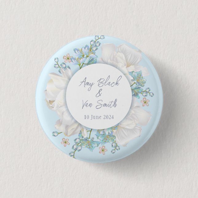 Tulip Blue Floral Wedding Button (Vorderseite)