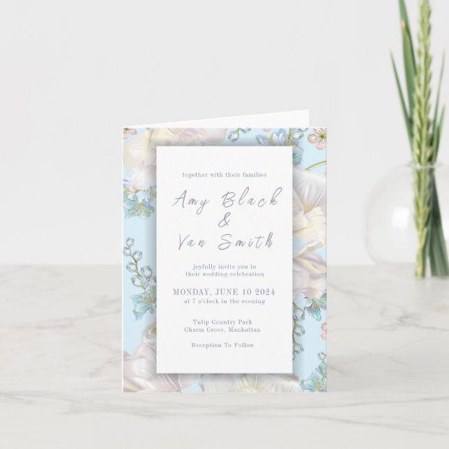 Tulip Blue Floral Wedding Einladung (Vorderseite)