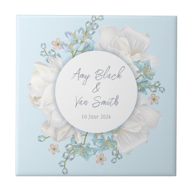 Tulip Blue Floral Wedding Fliese (Vorderseite)