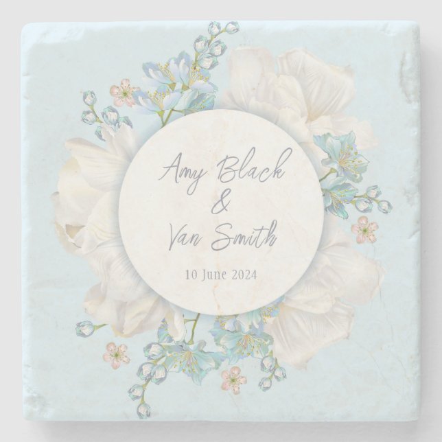 Tulip Blue Floral Wedding Steinuntersetzer (Vorderseite)