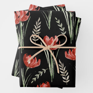 Tulip Blume Botanisches Wasserfarbe Schwarz Geschenkpapier Set