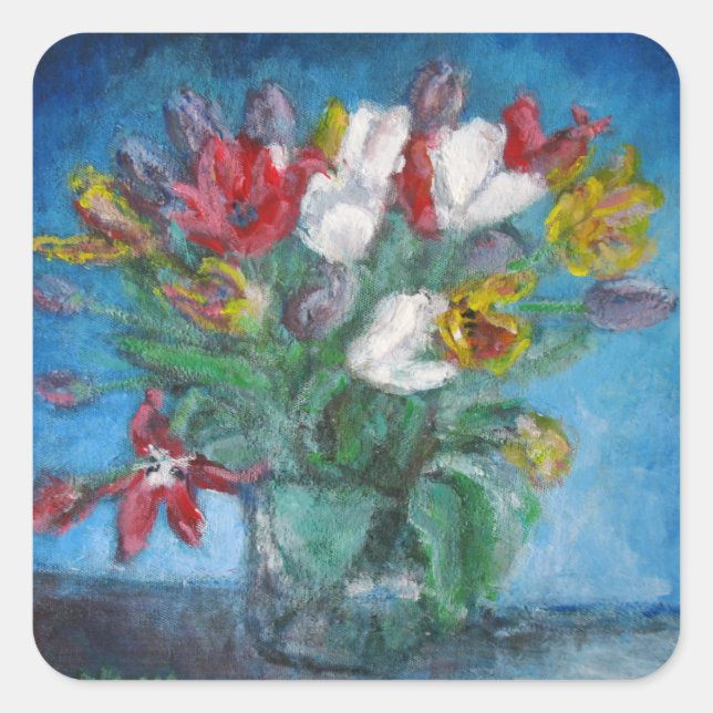 Tulip Blume Bouquet Vase Floral Quadratischer Aufkleber (Vorderseite)