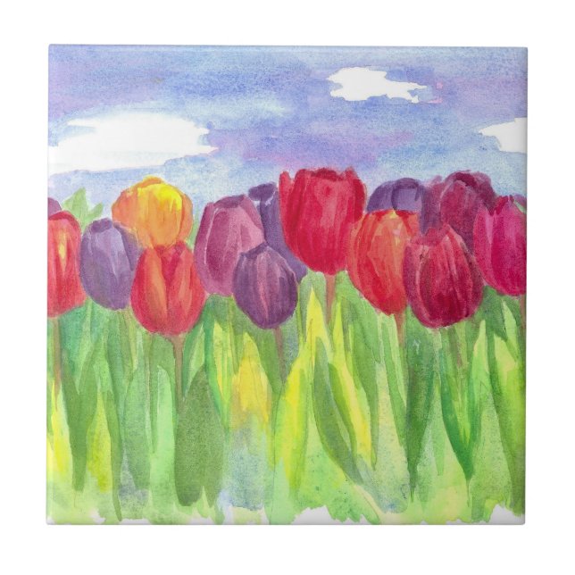 Tulip Blume Field Rainbow Wasserfarben Fliese (Vorderseite)