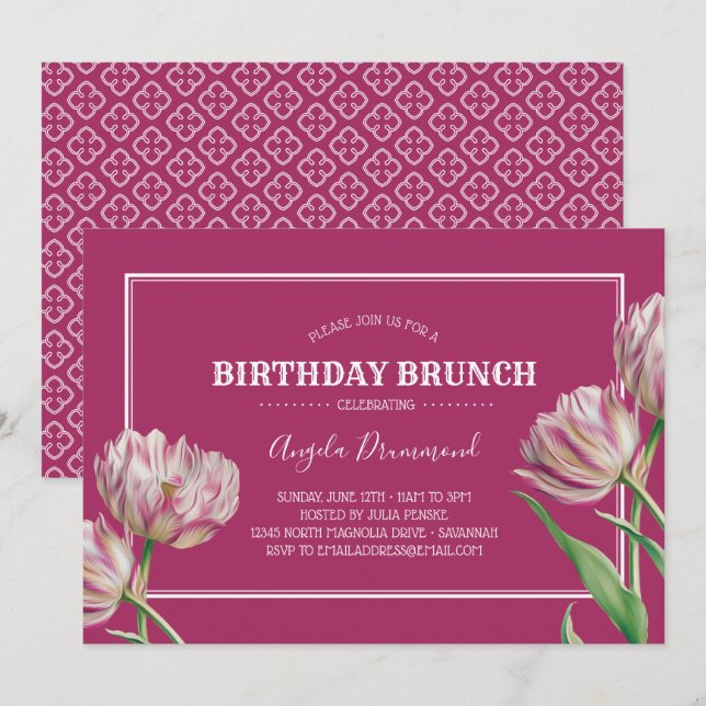 Tulip Blume Geburtstag Brunch Rosa Einladung (Vorne/Hinten)