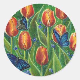 Tulip-Blume mit Schmetterlingen von Renee Lavoie Runder Aufkleber