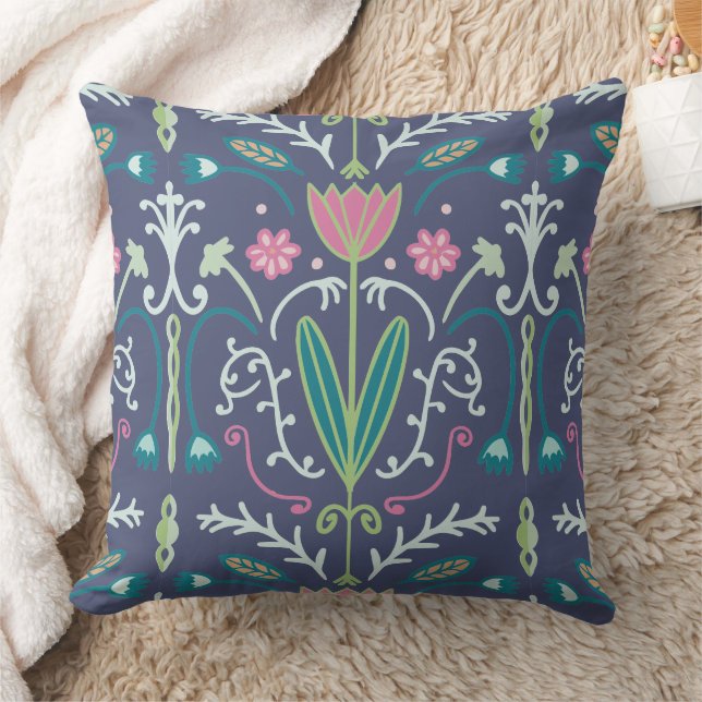 Tulip Floral Pink Green Dunkelblau Kissen (Decke)