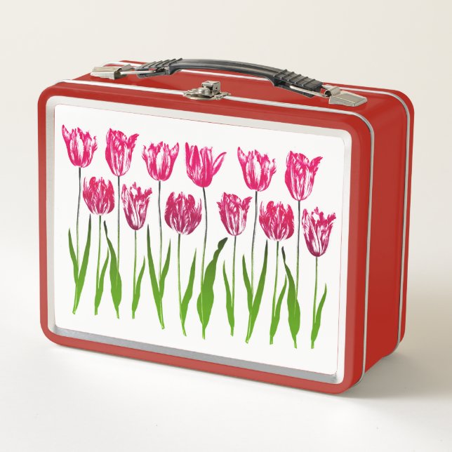 Tulip Garden Print in den Schatten von Fuchsia Pin Metall Brotdose (Vorderseite)