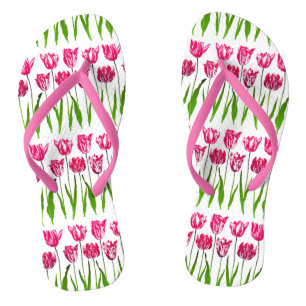 Tulip Garden Print in Fuchsia Pink und Green Flip Flops