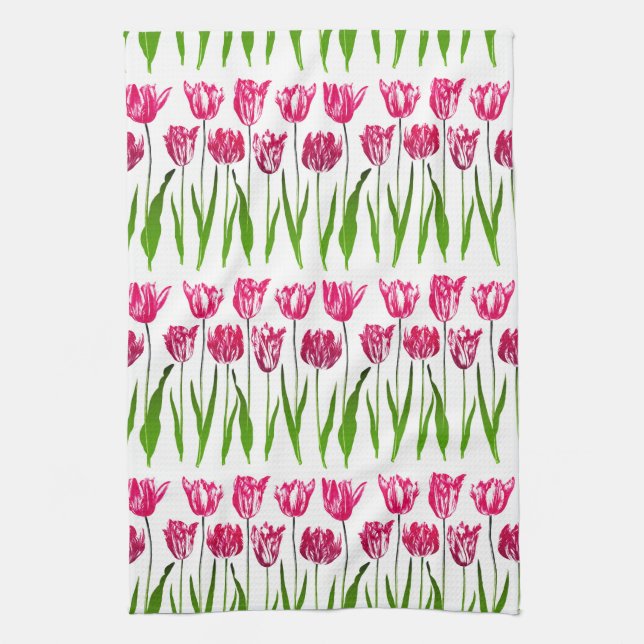 Tulip Garden Print in Fuchsia Pink und Green Geschirrtuch (Vertikal)