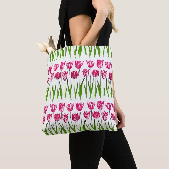 Tulip Garden Print in Fuchsia Pink und Green Tasche (Von Nahem)