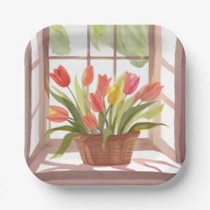 Tulip-Korb   Florale Aquarell-Fenstermalerei Pappteller