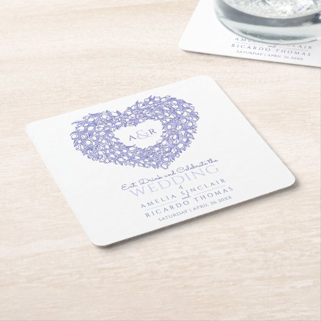 Tulip-Kranz zeichnend monogramm Hochzeitsblau Rechteckiger Pappuntersetzer (angewinkelt)