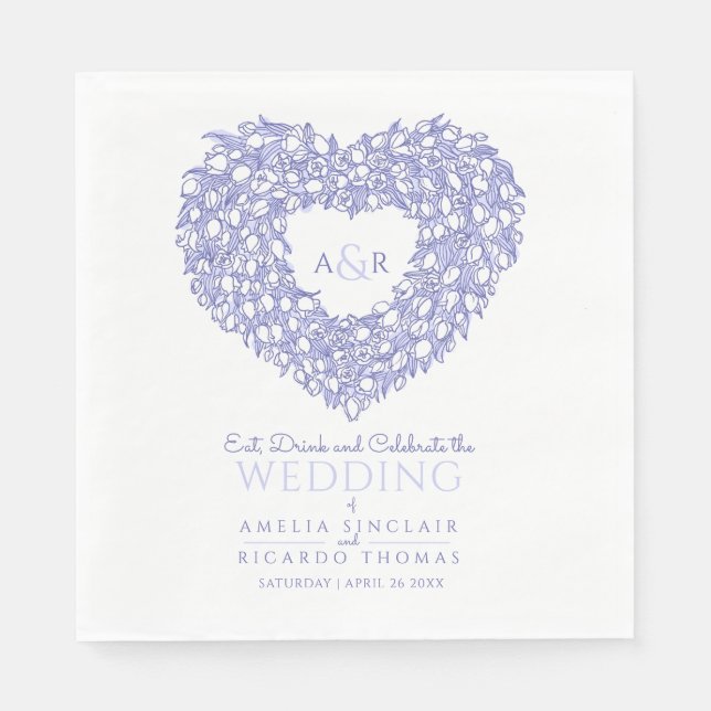 Tulip-Kranz zeichnend monogramm Hochzeitsblau Serviette (Vorderseite)