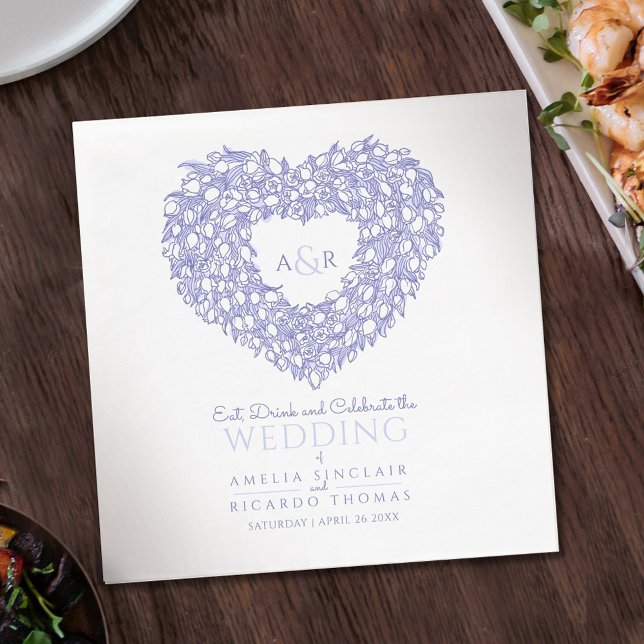 Tulip-Kranz zeichnend monogramm Hochzeitsblau Serviette (Von Creator hochgeladen)