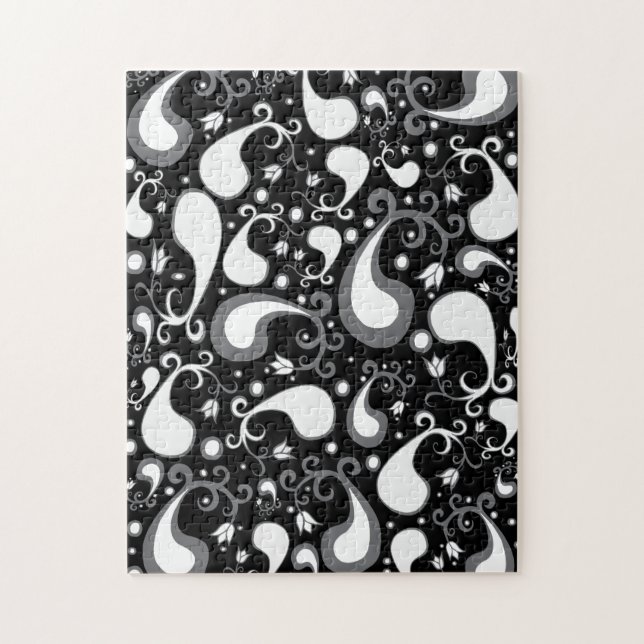 Tulip Paisley Floral, abstrakt, schwarz und weiß (Vertikal)
