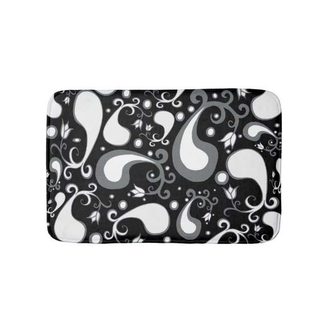 Tulip Paisley Floral, abstrakt, schwarz und weiß Badematte (Vorderseite)