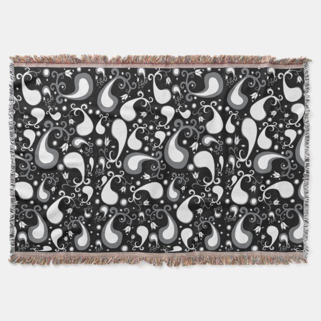 Tulip Paisley Floral, abstrakt, schwarz und weiß Decke (Vorderseite)