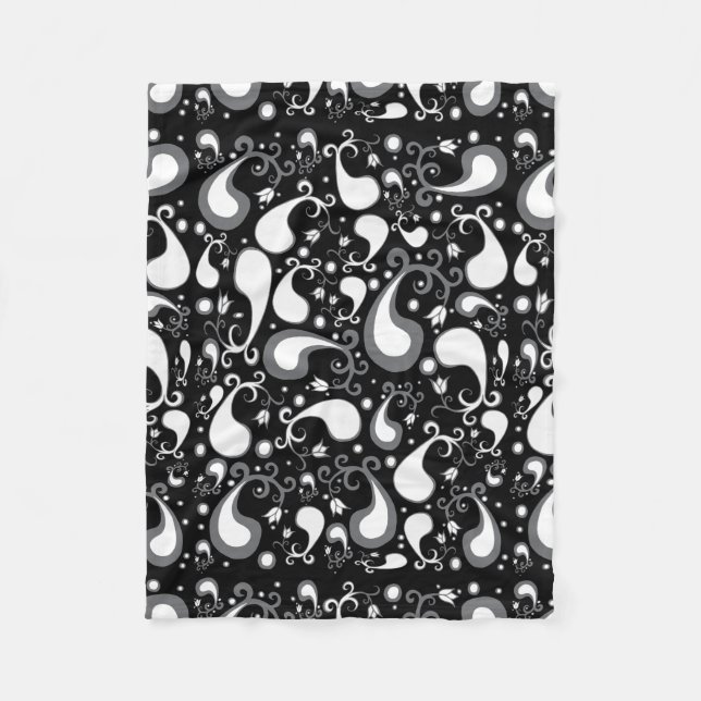 Tulip Paisley Floral, abstrakt, schwarz und weiß Fleecedecke (Vorderseite)