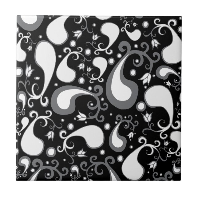 Tulip Paisley Floral, abstrakt, schwarz und weiß Fliese (Vorderseite)