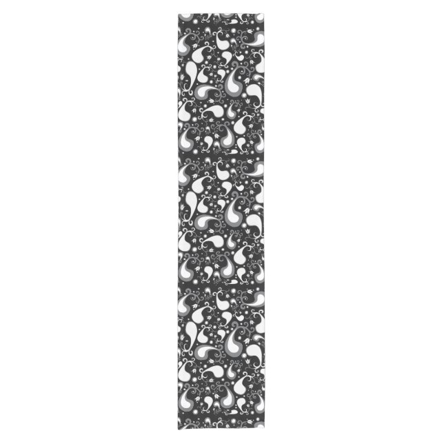 Tulip Paisley Floral, abstrakt, schwarz und weiß Kurzer Tischläufer (Vorderseite)