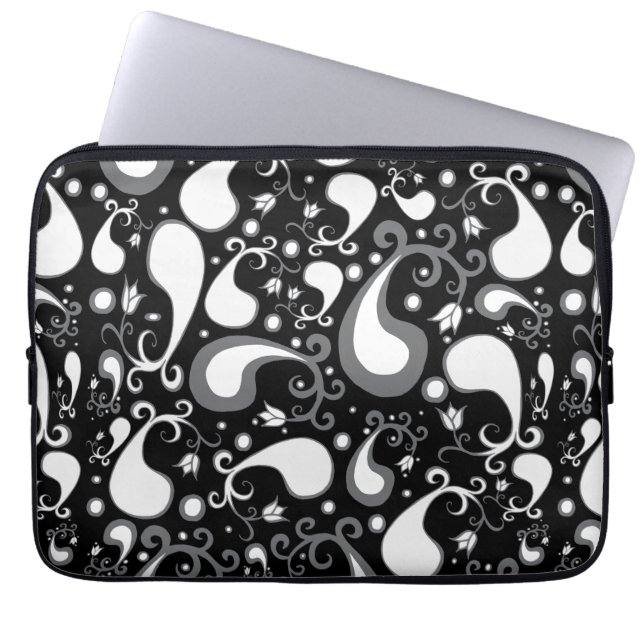 Tulip Paisley Floral, abstrakt, schwarz und weiß Laptopschutzhülle (Vorderseite)