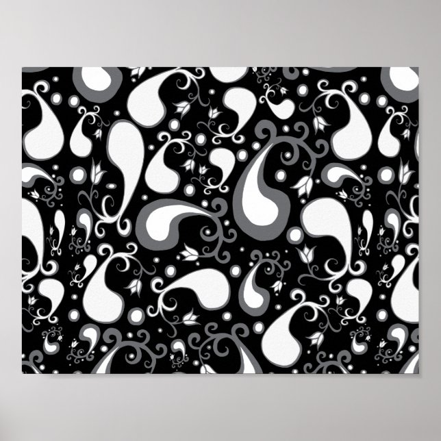 Tulip Paisley Floral, abstrakt, schwarz und weiß Poster (Vorne)