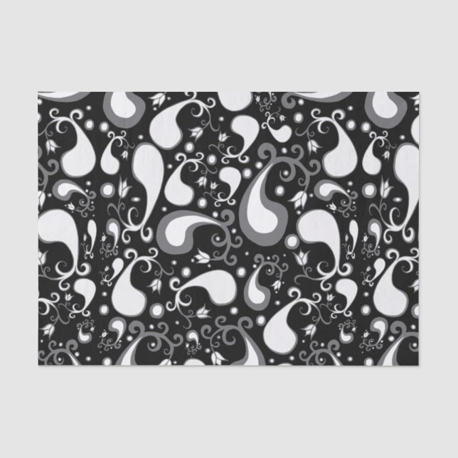 Tulip Paisley Floral, abstrakt, schwarz und weiß Seidenpapier (Vorderseite)