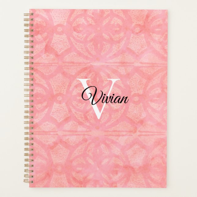 Tulip Pink Batik Elegante Monogram Name Planer (Vorderseite)