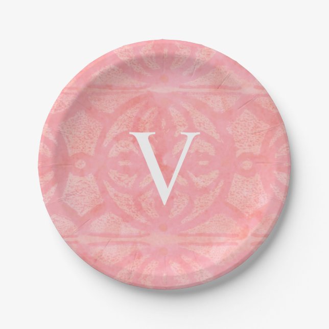 Tulip Pink Mit Monogramm Watercolor Pappteller (Vorderseite)