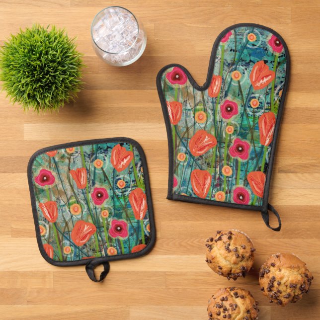 Tulip Tango - Natur Inspiriert Blumenmuseum - Ofenhandschuh & Topflappen-Set (Oben Unten)