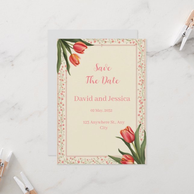 Tulip Tango Save the Date Card Einladung (Vorderseite/Rückseite Beispiel)