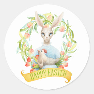 Tulip Wreath und Rabbit Happy Oaster Runder Aufkleber